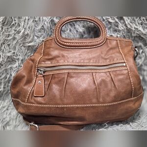 VINTAGE THREADED FOSSIL SATCHEL TOTE BAG BROWN LEATHER SILVER FRONT POCKET